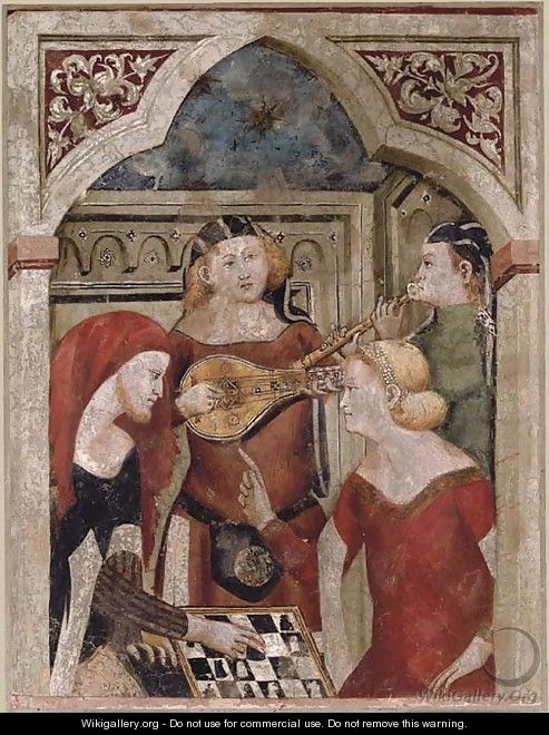 A couple playing chess, with musicians in an interior - School Of Bergamo