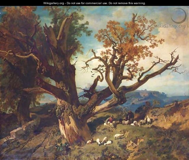 Shepherds with their flock in a mountainous landscape - School Of Barbizon