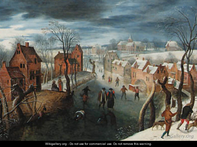 A landscape with skaters on a frozen river by a village, hunters in the foreground - School Of Antwerp