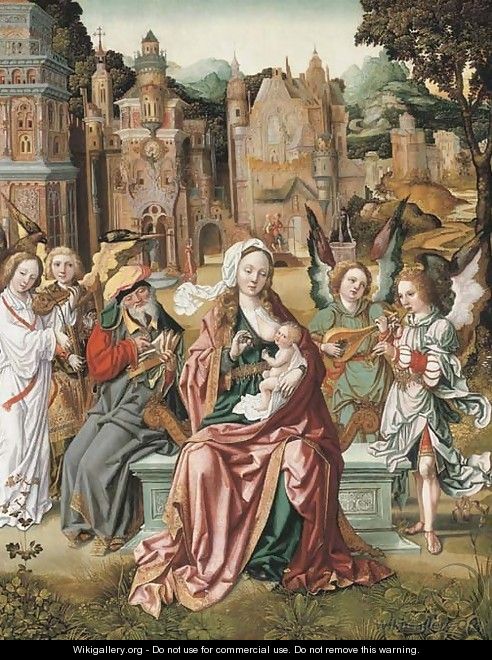 The Holy Family with music-making angels, a city beyond - School Of Antwerp