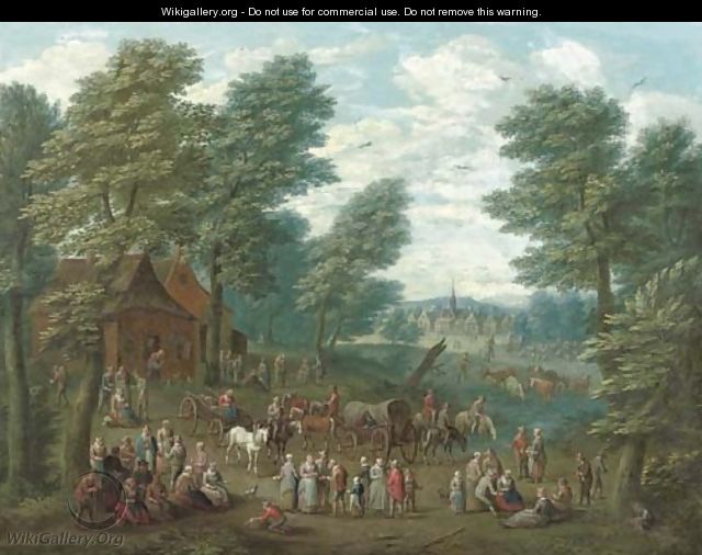 A wooded landscape with numerous peasants and carriages in an open clearing - School Of Antwerp