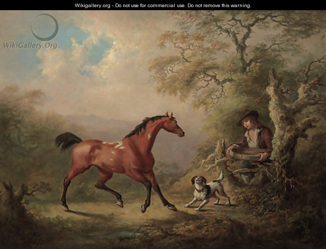 A groom offering a feeding sieve to a bay pony, in a wooded landscape - Sawrey Gilpin