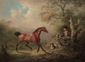 A groom offering a feeding sieve to a bay pony, in a wooded landscape - Sawrey Gilpin