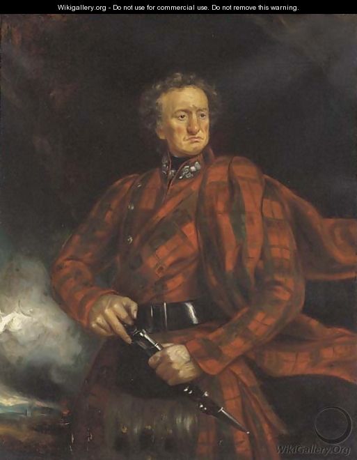 Portrait of a gentleman, three-quarter-length, in tartan, holding a skean dhu - Scottish School