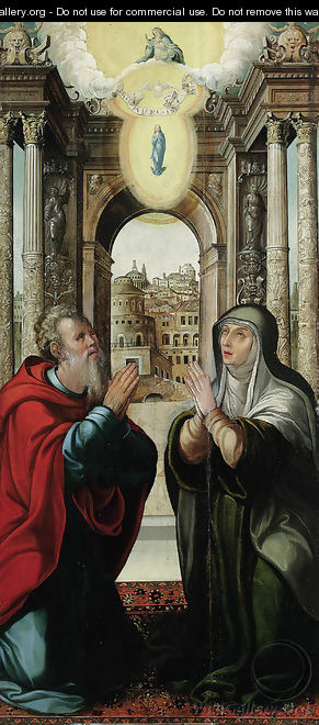The Meeting of Joachim and Anne at the Golden Gate, with the Immaculate Conception and the Trinity above - School Of Toledo
