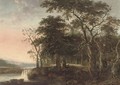 A wooded river landscape with a herdsman on a donkey and a flock of goats on a track - School Of Haarlem