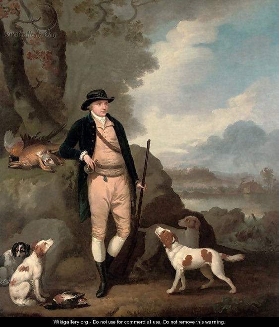 Portrait of George Farmer of Witton Manor, Staffordshire, full-length, with his dogs, in a landscape - Moses Haughton