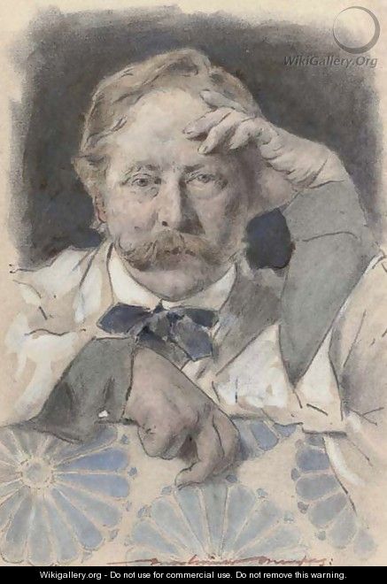 Self portrait of the artist, bust-length, leaning on a sofa - Mortimer Ludington Menpes