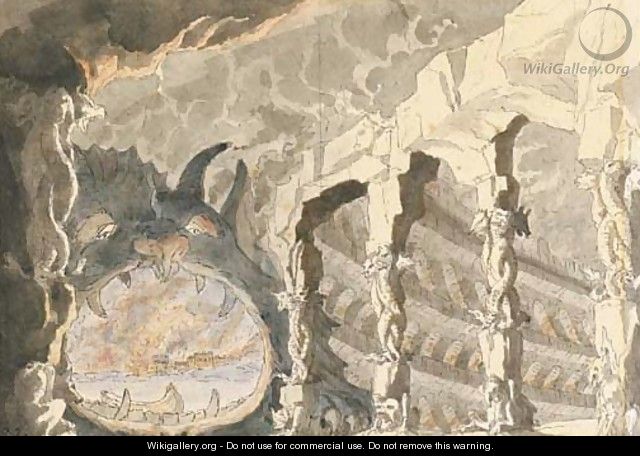 A grotesque colonnade leading to a monster whose open mouth reveals the river Styx, with Hades beyond, a dog in the foreground - Milanese School