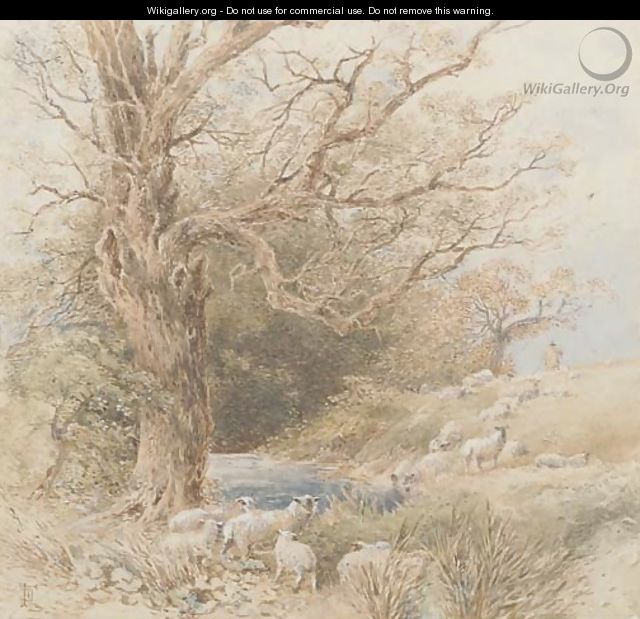 A shepherd with his flock beside a woodland pond - Myles Birket Foster