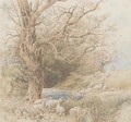 A shepherd with his flock beside a woodland pond - Myles Birket Foster