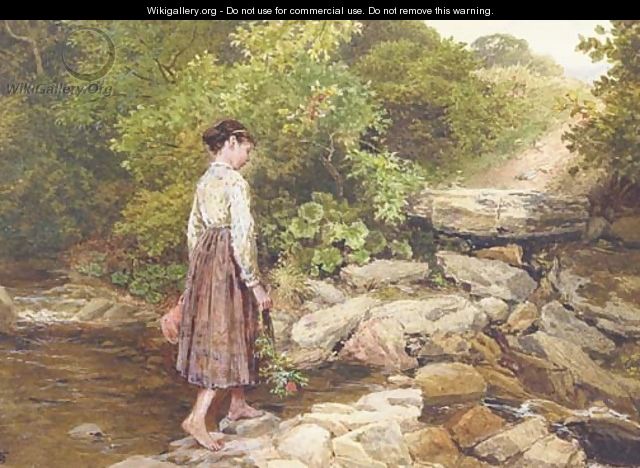 A girl crossing a stream - Myles Birket Foster