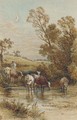 A drover and cattle crossing a ford under a crescent moon - Myles Birket Foster