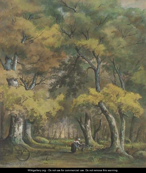 A wooded landscape with a woman gathering wood - Narcisse-Virgile Díaz de la Peña