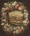 A shepherd and shepherdess with their flock, in a floral cartouche - Neapolitan School