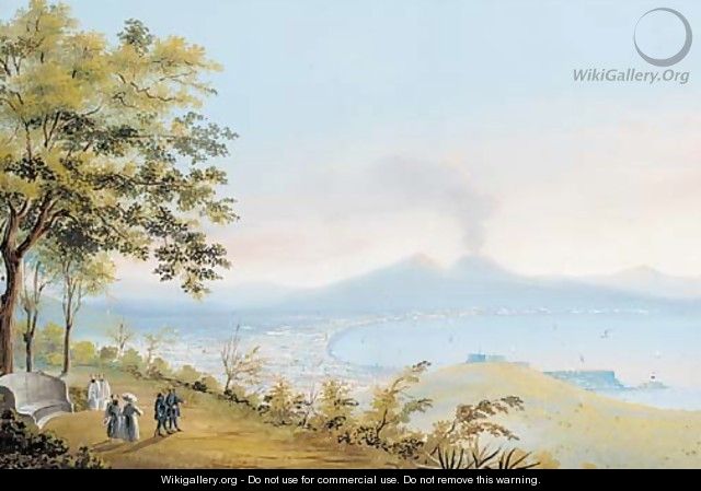 Figures overlooking the bay of Naples, Vesuvius beyond - Neapolitan School
