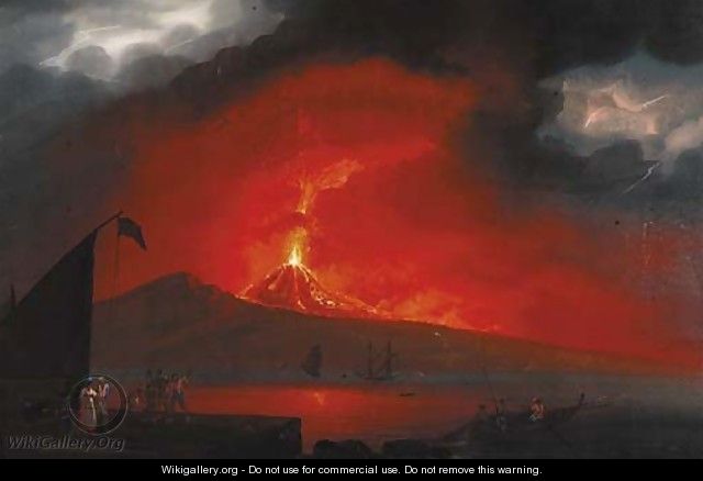 Figures on the Neapolitan coast with Vesuvius erupting beyond 2 - Neapolitan School
