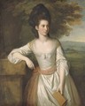 Portrait of Mrs. Vere, three-quarter-length, in a white dress with a pink sash, holding a book in her left hand, with a landscape beyond - Sir Nathaniel Dance-Holland