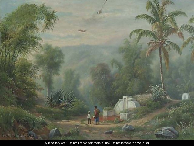 Figures passing Chinese graves in an Indonesian landscape, probably near Malang - Maurits Ernest Hugo Rudolph Van Den Kerckhoff