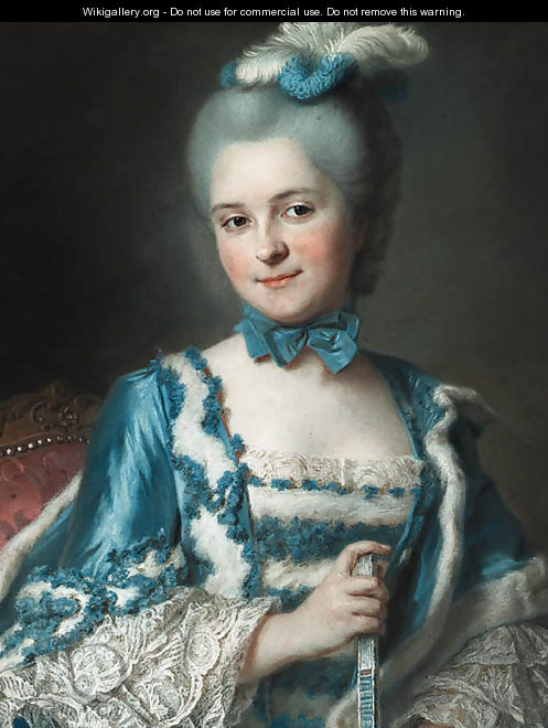 Portrait of Madame Cailloux bust-length, wearing a blue dress and holding a fan, seated on a Louis XV chair - Maurice Quentin de La Tour