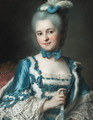 Portrait of Madame Cailloux bust-length, wearing a blue dress and holding a fan, seated on a Louis XV chair - Maurice Quentin de La Tour