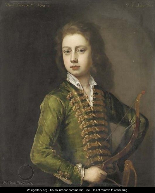 Portrait of a young gentleman, half-length, in a green coat, with gold frogging, holding a bow in his left hand - Michael Dahl