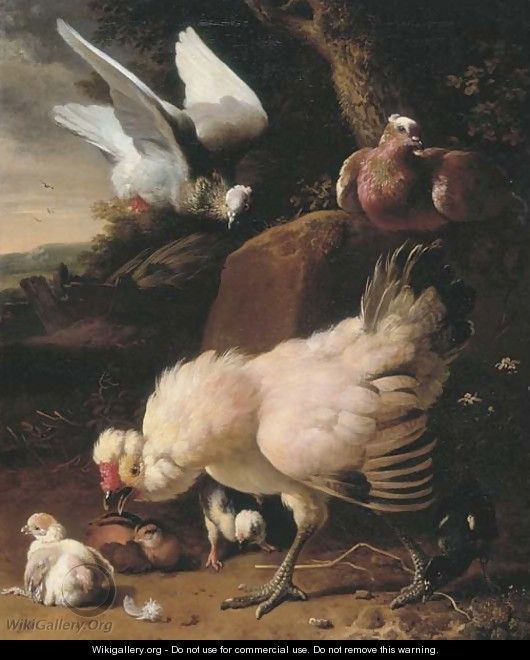 A chicken, chicks and pigeons on a fence, in a landscape - Melchior D