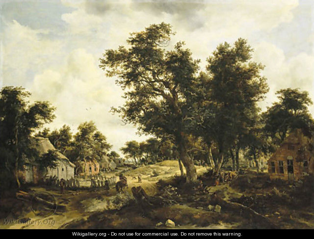 A wooded landscape with travellers on a path through a hamlet - Meindert Hobbema