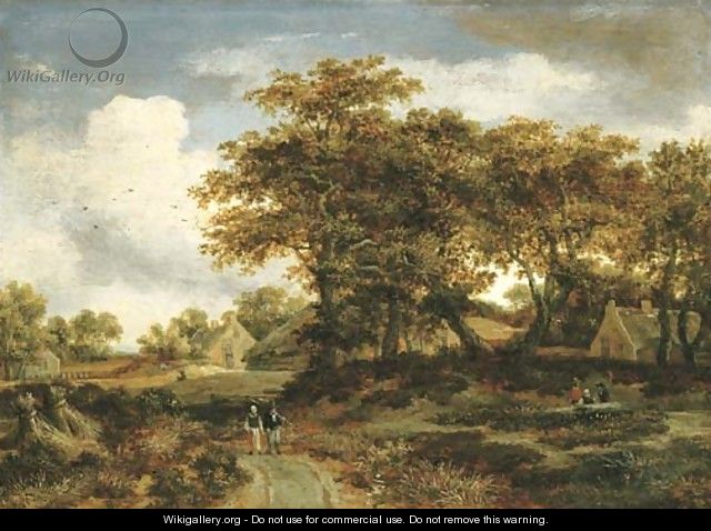 A wooded landscape with peasants and a village - Meindert Hobbema