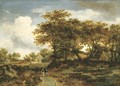 A wooded landscape with peasants and a village - Meindert Hobbema