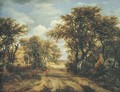 A wooded landscape with a hunter and other figures on a path - Meindert Hobbema