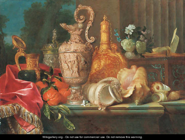 An ornamental silver ewer, a silver-gilt cup and cover and other flasks with fruit and flowers on a draped ledge - Meiffren (Ephren) Conte (Leconte)