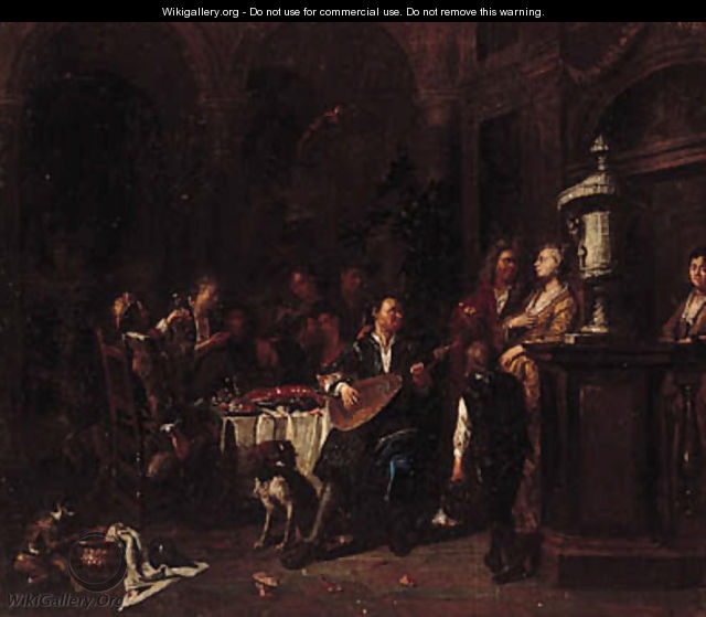 Elegant company making music and dining on a roof terrace - Maximilian Blommaerdt