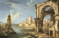 A capriccio of Roman buildings with a shipyard by a lagoon - Michele Marieschi