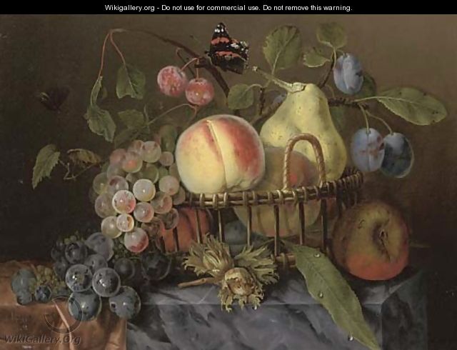 A pear, peaches, plums and grapes in a wicker basket - Michel Joseph Speckaert