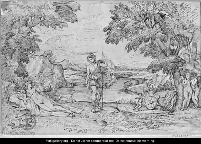 Venus and Adonis with Cupid and putti by a chariot in an extensive landscape, after Albani - Michel des Gobelins Corneille