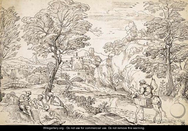 An extensive wooded landscape with a muleteer on a path and card-players in the foreground, a fortified town beyond, after Grimaldi - Michel des Gobelins Corneille