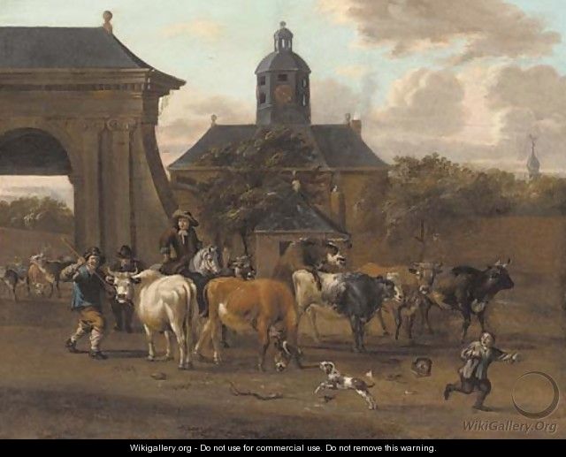Drovers with cattle before an archway leading to a mansion - Michel Carree