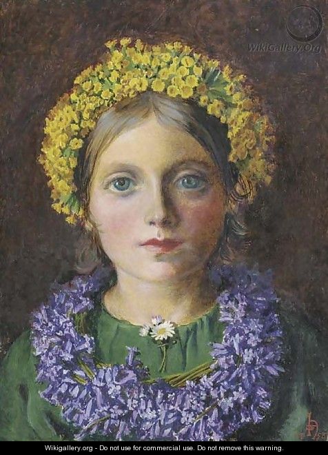 Portrait of a Girl, adorned with cowslips, bluebells and a daisy - Michael Frederick Halliday
