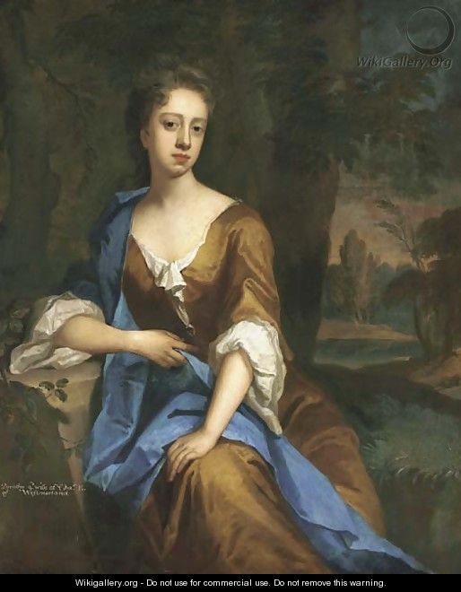 Portrait of Dorothy Brudenell, Countess of Westmorland, three-quarter-length, seated in an ochre dress with a blue wrap - Michael Dahl