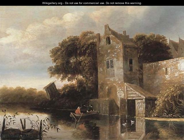 A river landscape with fishermen in a rowing boat, a farmhouse nearby - Michiel van Vries