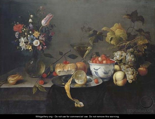 A tulip, a carnation, an iris and other flowers in a glass vase, wild strawberries in a Wan-li 