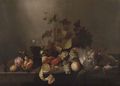 A rose, a pomegranate, a glass flute, grapes, a partly peeled lemon on a silver plate, a roemer, a lobster, peaches, a pheasant and other birds - Michiel Simons