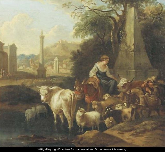 An Italianate landscape with shepherds and their cattle by a fountain 2 - Michiel Carree
