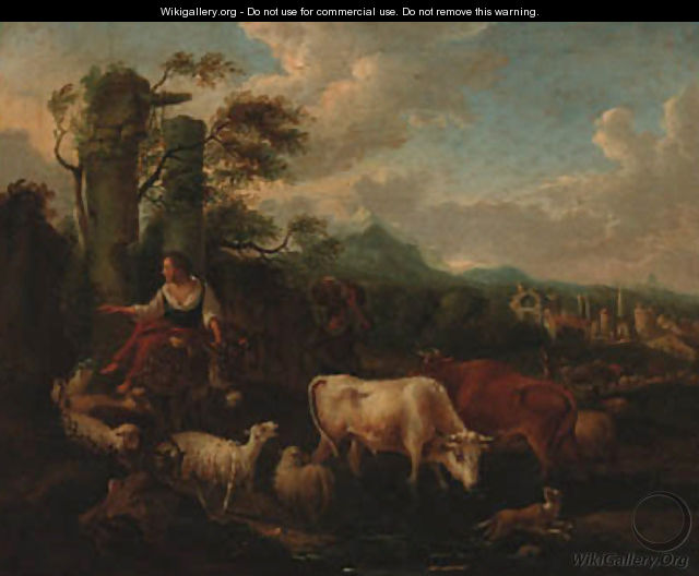 A drover with cattle, sheep and a dog fording a stream in an Italianate landscape - Michiel Carree