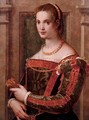 Portrait of a lady, half-length, in a green silk dress with gold trim, holding a glove - Michele di Ridolfo del Ghirlandaio (see Tosini)