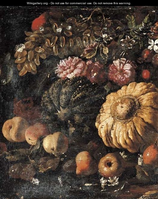 Two pumpkins, grapes, peaches and pears, roses and other flowers in a landscape - Michele Pace Del (Michelangelo di) Campidoglio