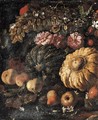 Two pumpkins, grapes, peaches and pears, roses and other flowers in a landscape - Michele Pace Del (Michelangelo di) Campidoglio
