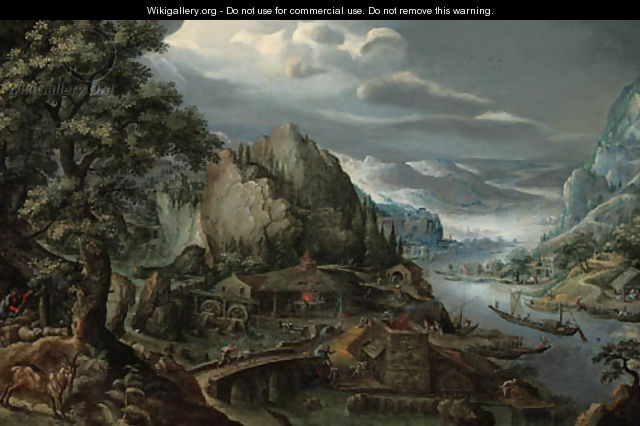 A mountainous river valley, with an iron foundry, a town in the distance - Marten Van Valkenborch I