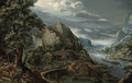 A mountainous river valley, with an iron foundry, a town in the distance - Marten Van Valkenborch I